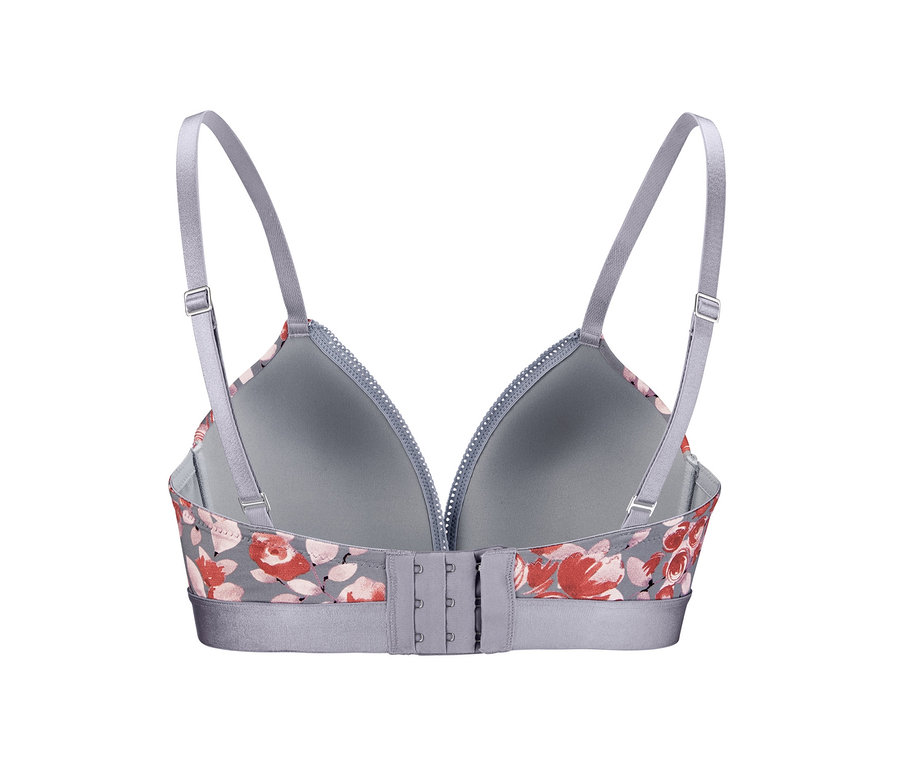 Çiçek desenli, gri, yumuşak kalıplı sütyenin arka görünümü.