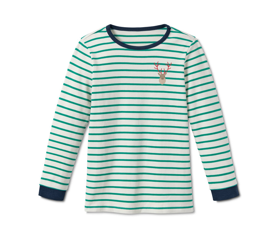 Geyikli, çizgili organik pamuklu interlok pijama takımı.