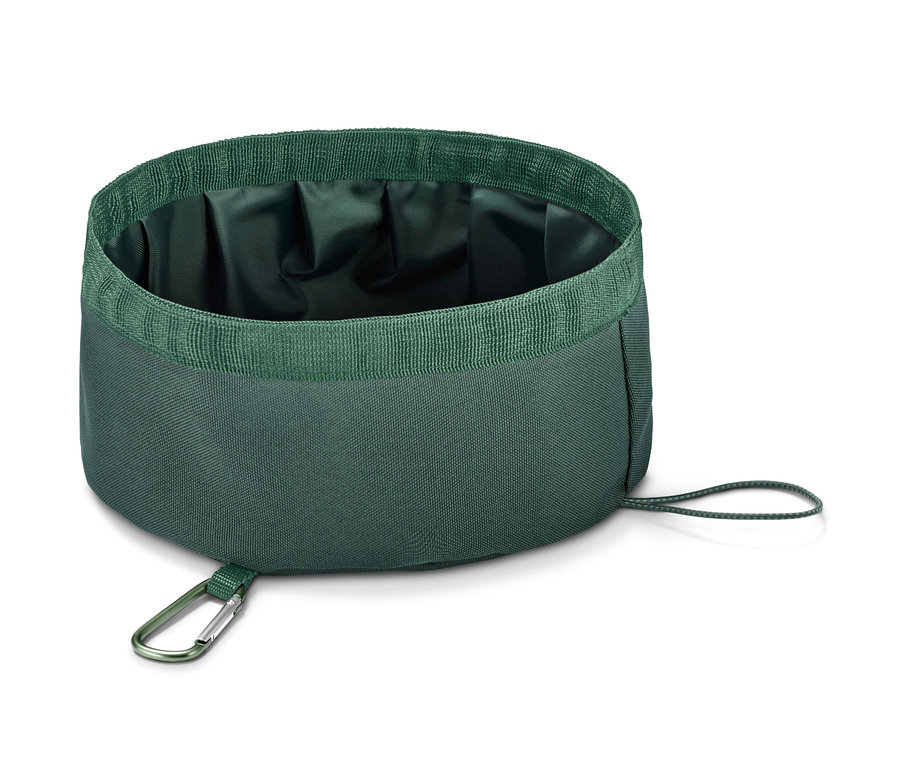 Yeşil, katlanabilir köpek mama kabı. 