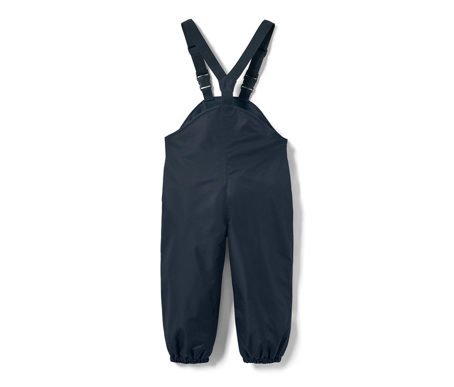 Lacivert, ayarlanabilir askılı çocuk termal yağmur pantolonu.