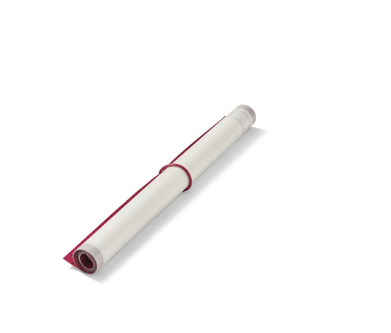Kırmızı lastik bantla bağlanmış, rulo halinde XL Profesyonel Dayanıklı Pişirme Matı.