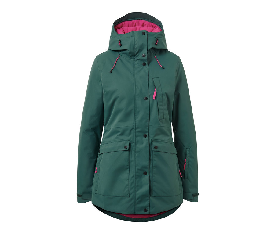 Kapüşonlu ve pembe astarlı yeşil kayak ve snowboard montu.