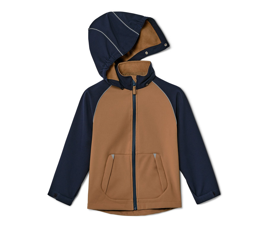 Kahverengi ve lacivert çocuk softshell mont.