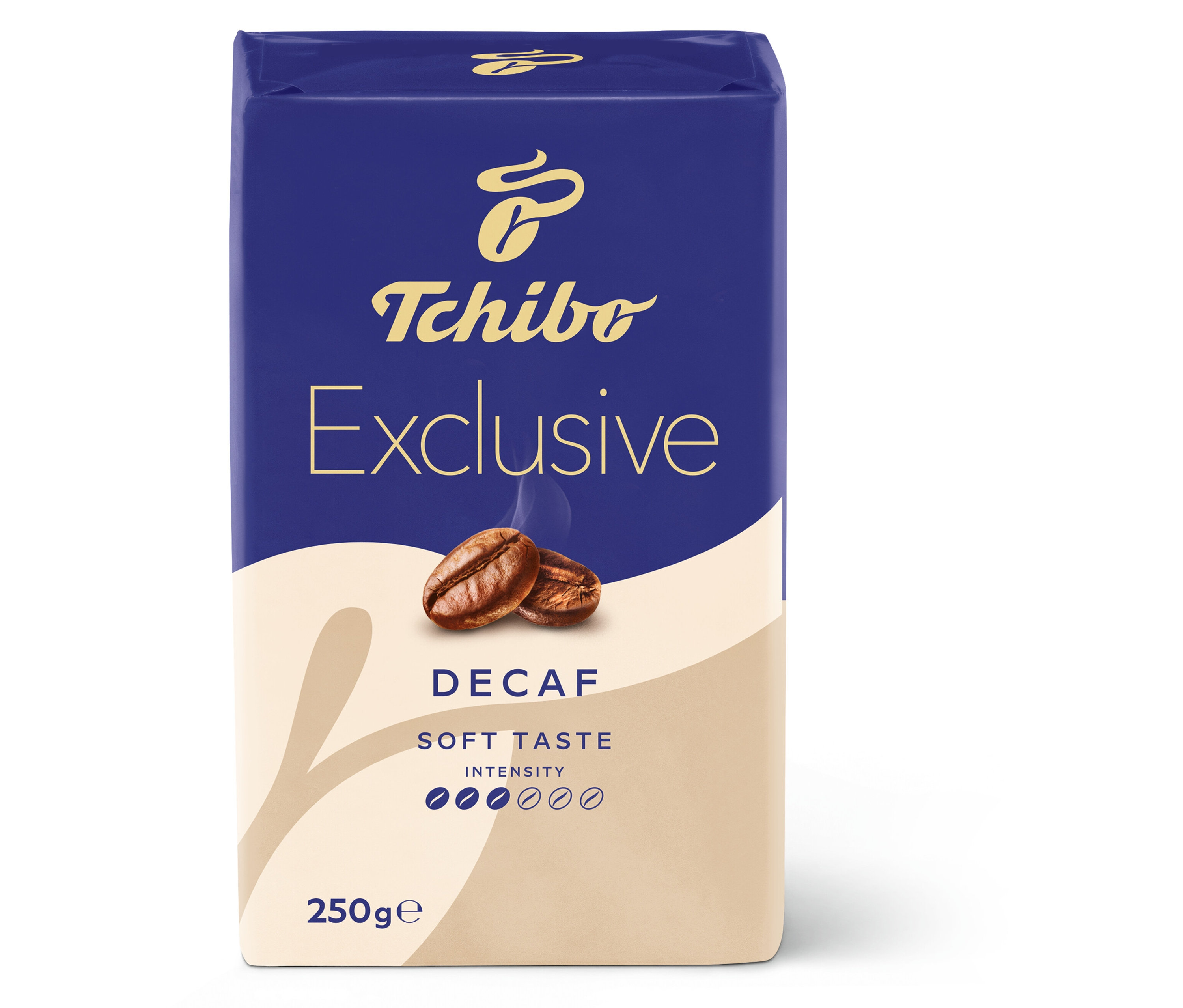 Mavi ve beyaz ambalajında Tchibo Exclusive Decaf Kafeinsiz Öğütülmüş Filtre Kahve 250g paketi.