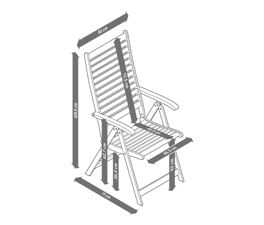 Ayarlanabilir sırtlıklı tik yüksek sandalyenin vurgulanmış boyutlara sahip bir çizimi.