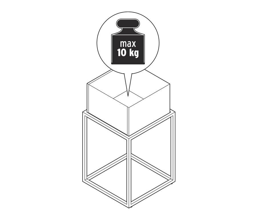 10 kg ağırlık sınırına sahip bir kutu saksı gösterilmektedir.