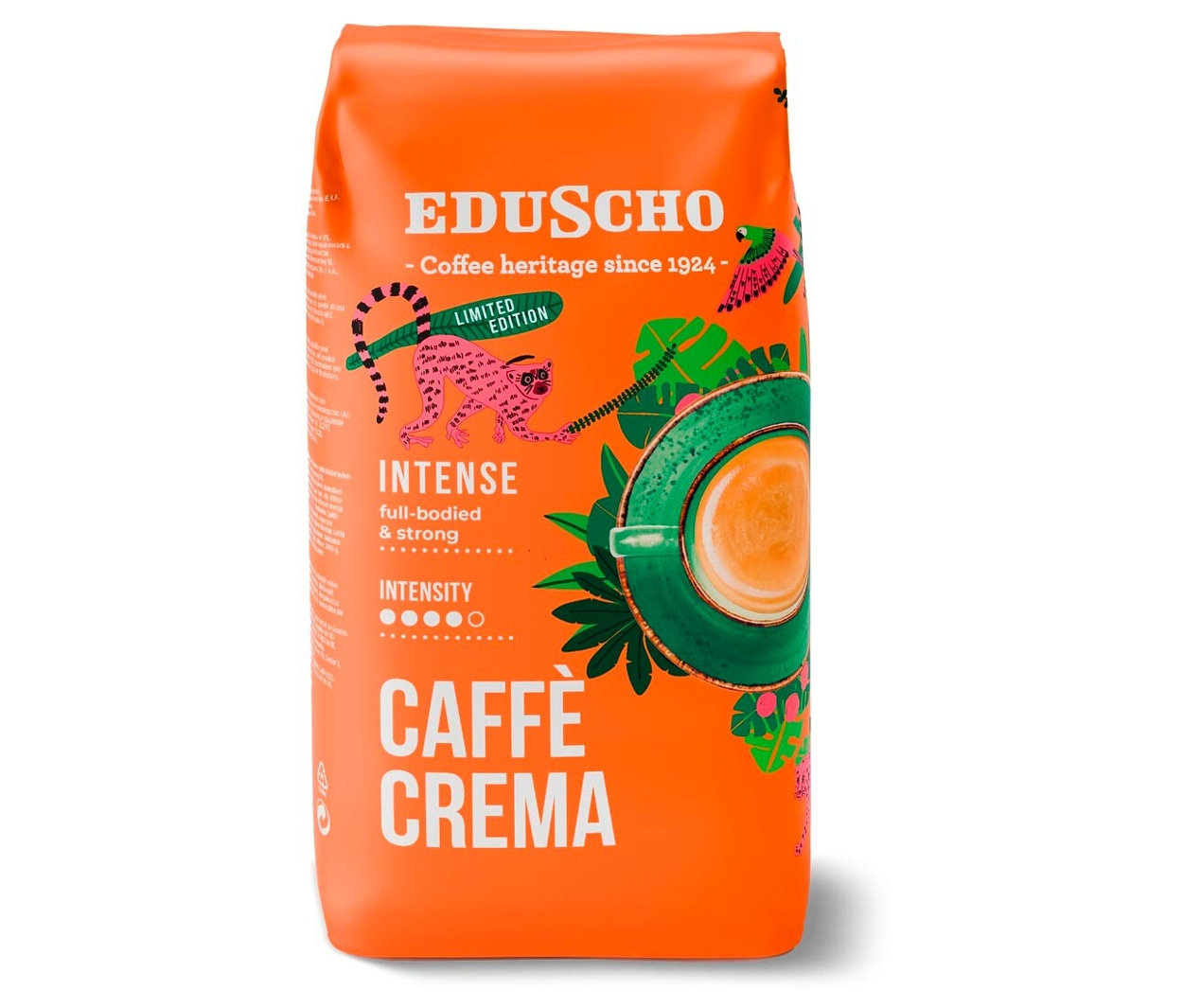 Turuncu renkli Eduscho Caffè Crema Intense kahve çekirdekleri paketi üzerinde bir kedi ve bir fincan kahve resmi bulunmaktadır.