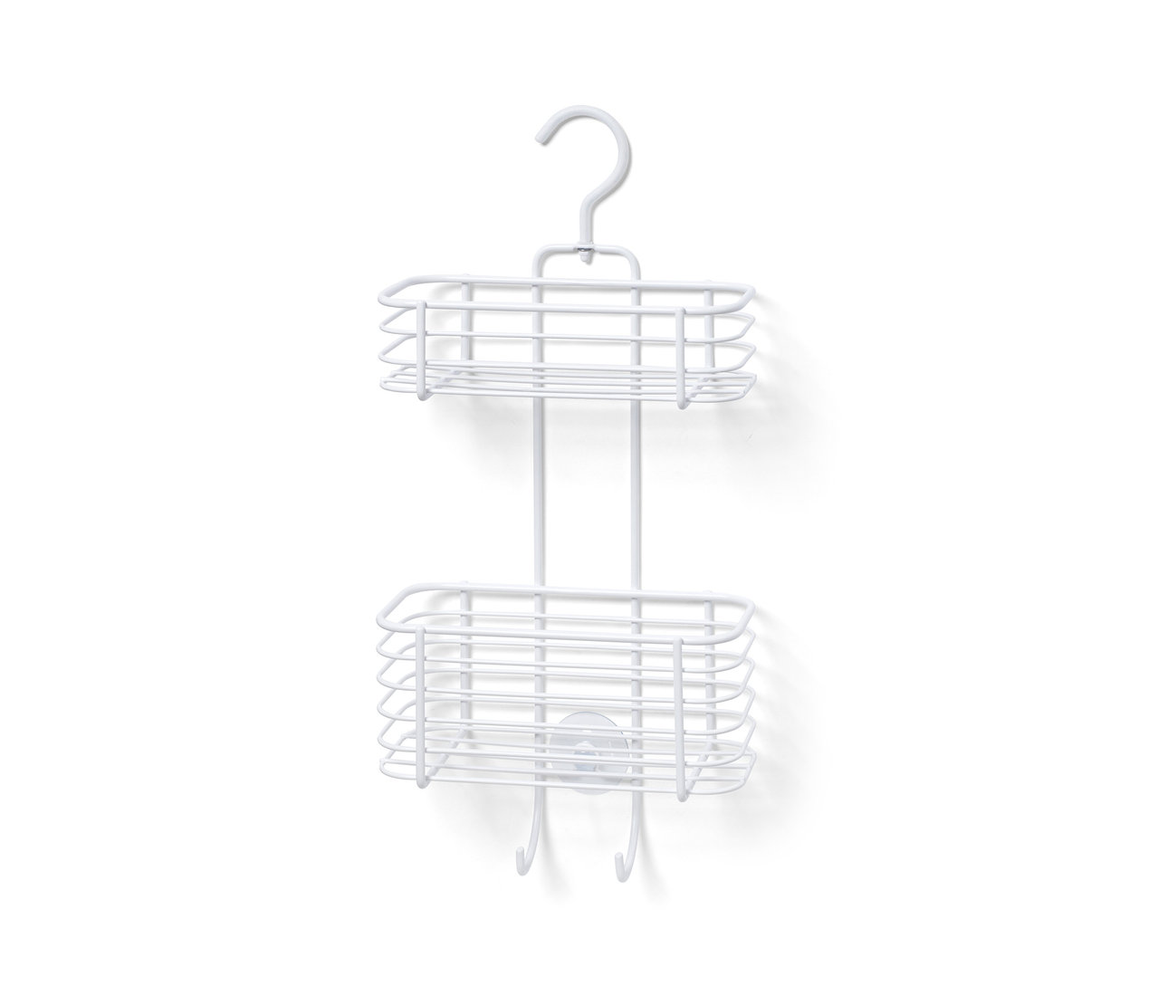 İki raflı, beyaz askılı duş rafı.