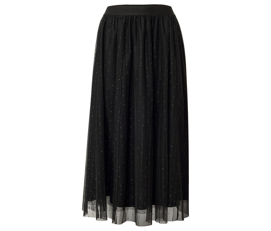 Elastik belli ve ince gümüş detaylı, uzun, siyah tül etek.