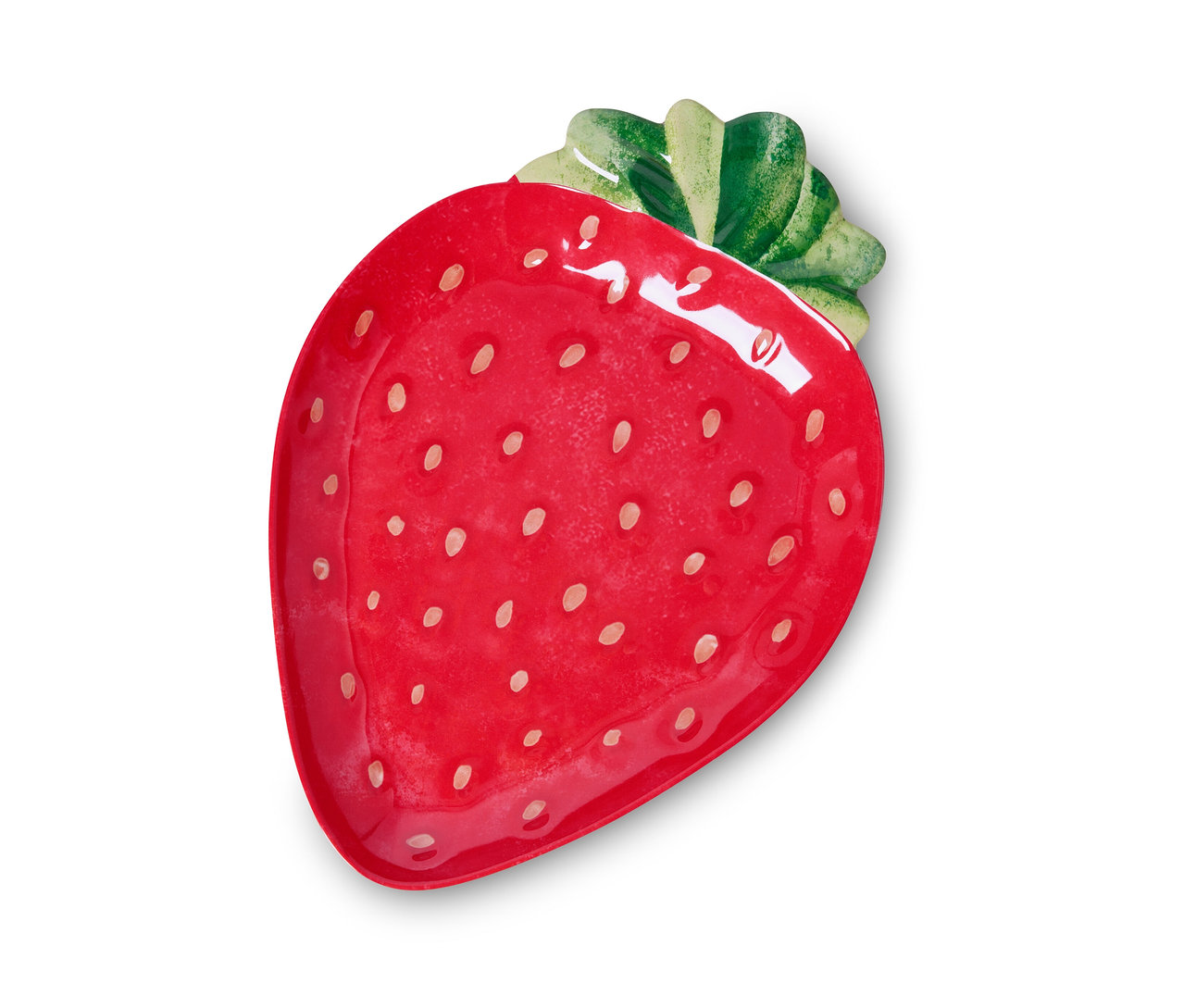 Beyaz noktalı, çilek şeklinde kırmızı bir servis tabağı.