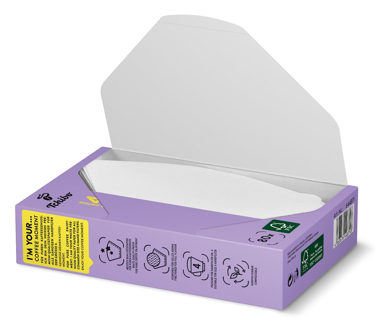 Açık mor ambalajında, 18x 80 adet, 4 numara, beyaz filtre kağıdı.