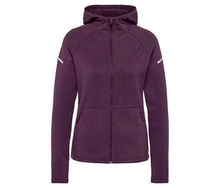 Mor renkli, fermuarlı kapüşonlu sweatshirt, kolunda reflektörlü detaylar bulunur.