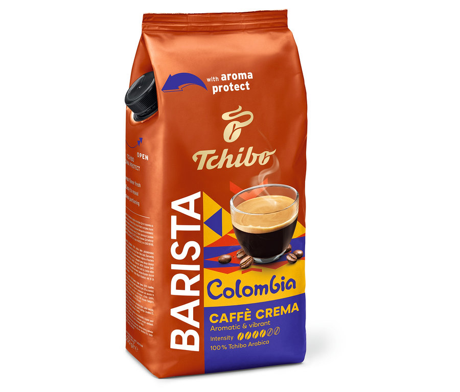 Aroma korumalı ve Tchibo logolu bir paket BARISTA Origins Colombia - 1 kg çekirdek kahve görülüyor.