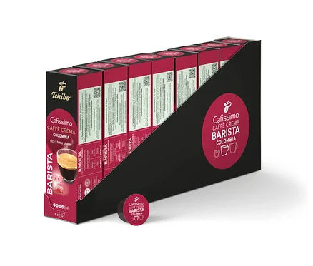 Bir paket Cafissimo Barista Colombia kahve kapsülü. Kapsüller siyah bir ambalaj içinde düzenlenmiştir.