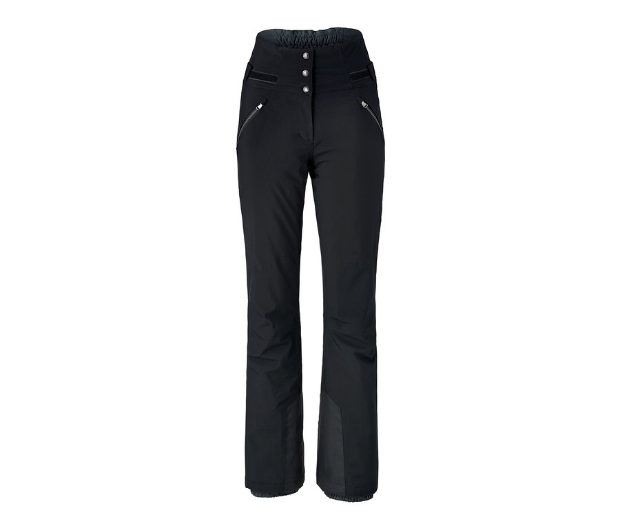 Siyah, yüksek belli softshell kayak pantolonu, üst bacak kısmında üç düğme ve fermuar bulunur.