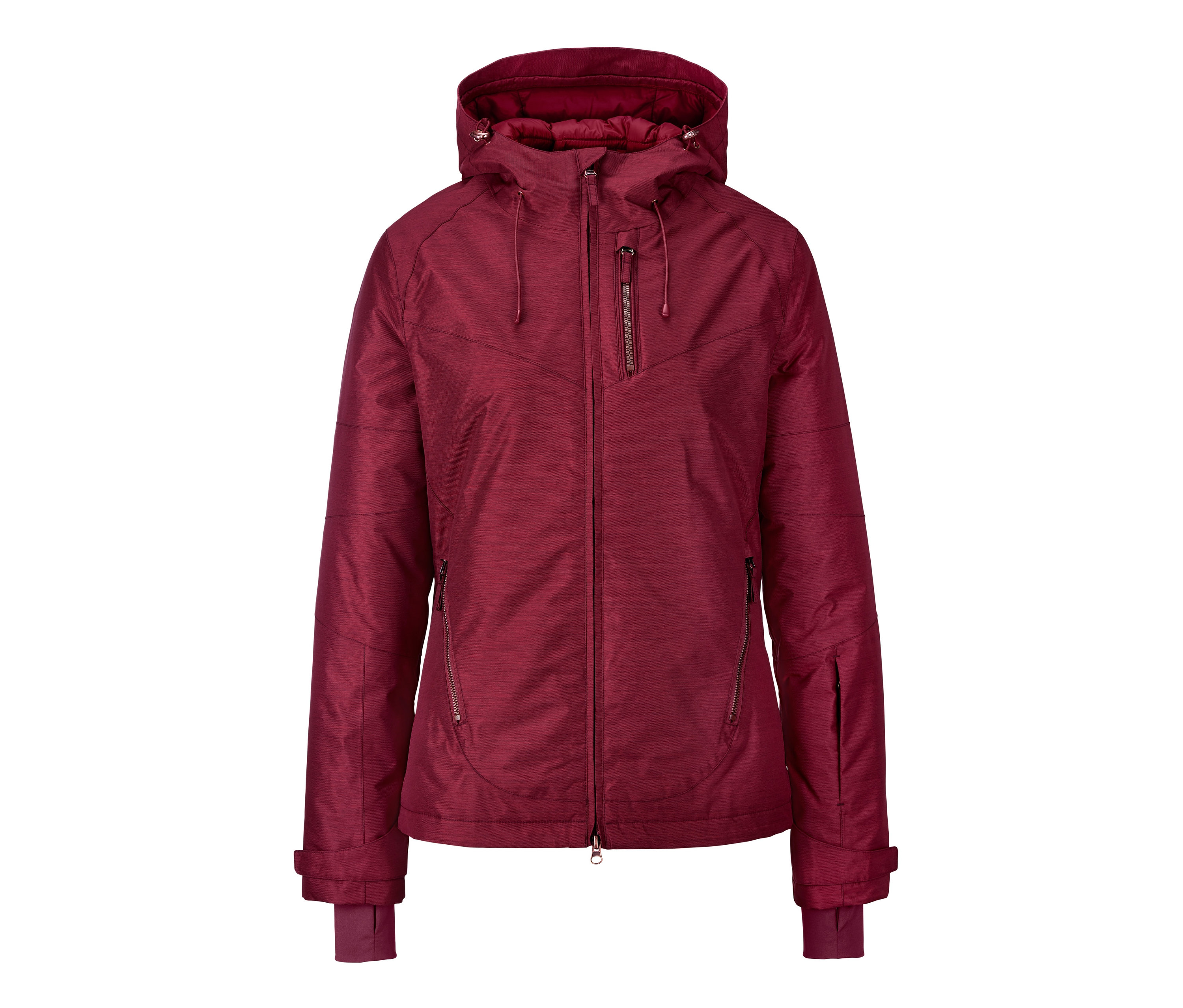 Kapüşonlu bordo kayak ve snowboard montu.