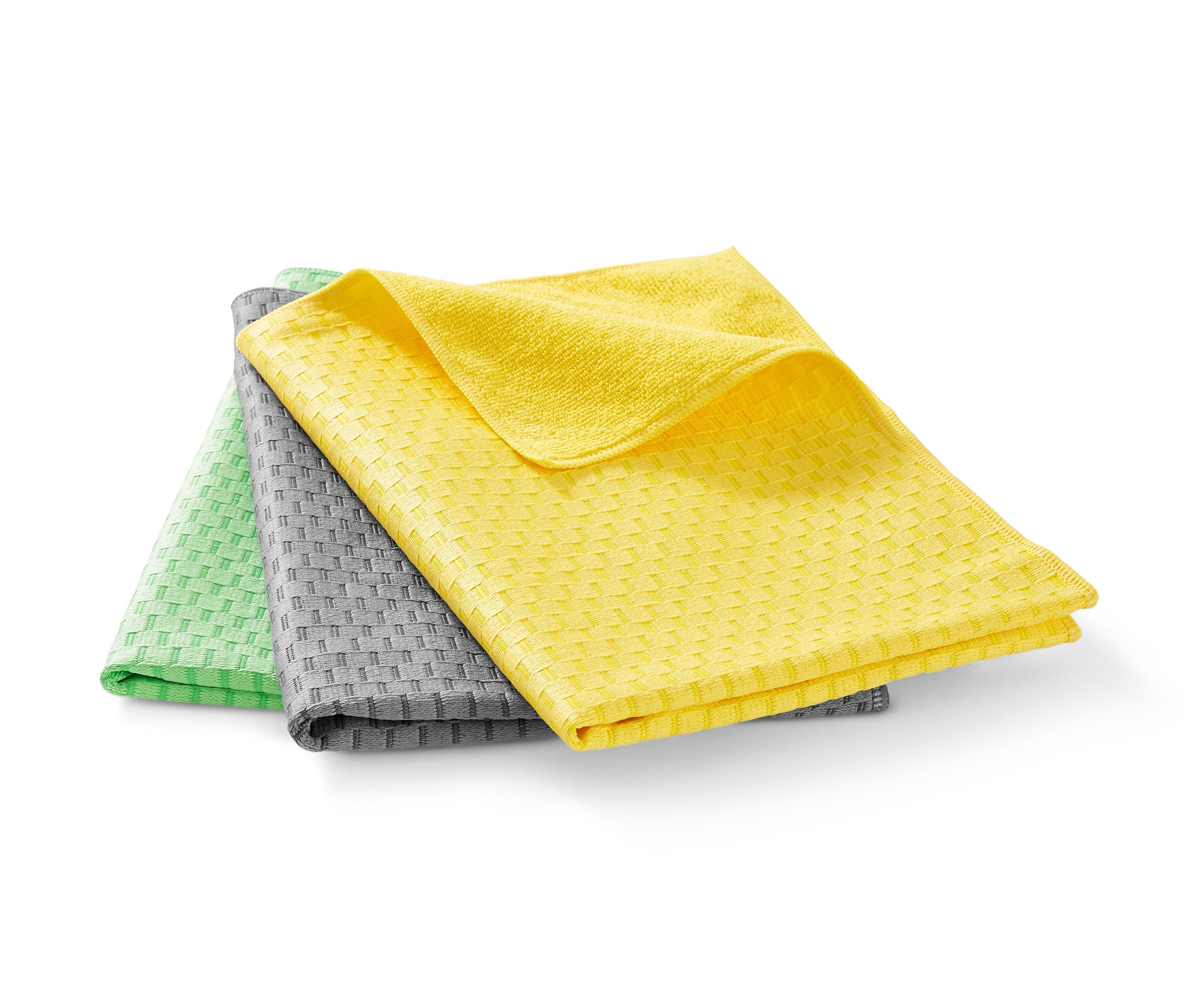 Üst üste yığılmış 3 adet bulaşık bezi: sarı, gri ve yeşil.