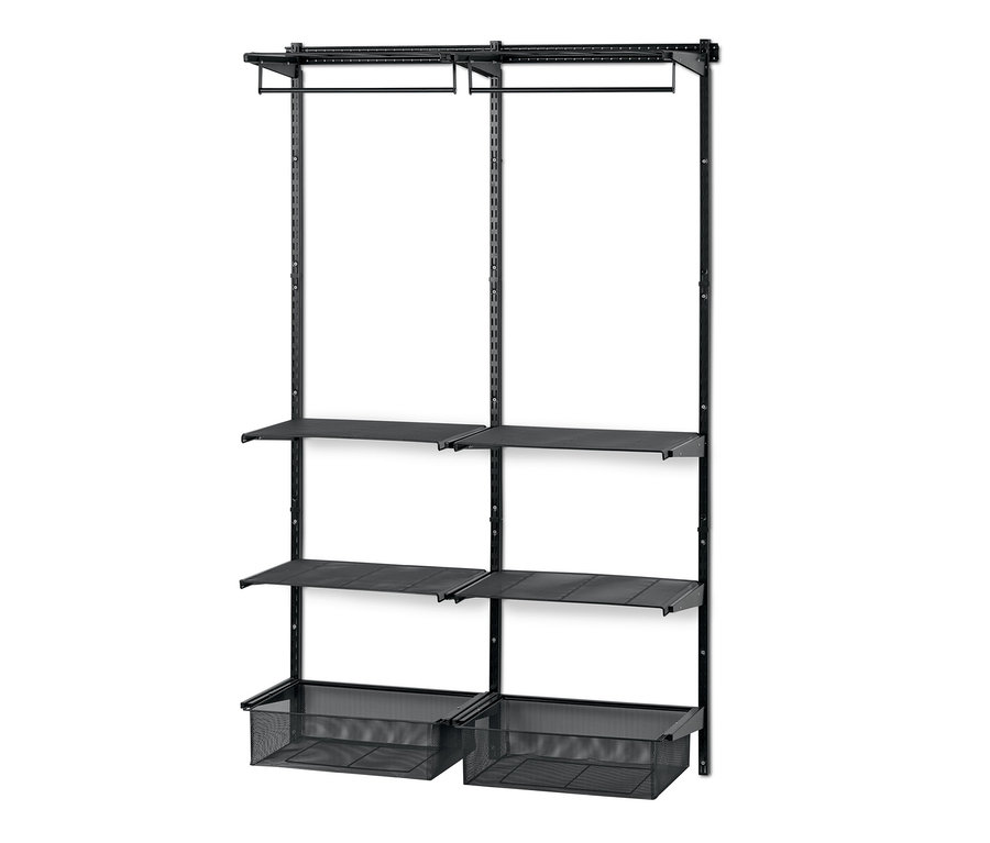 Raflı, askı çubuklu ve tel sepetli siyah duvar ünitesi.