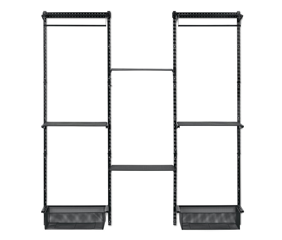 Raflı ve tel sepetli siyah duvar ünitesi.