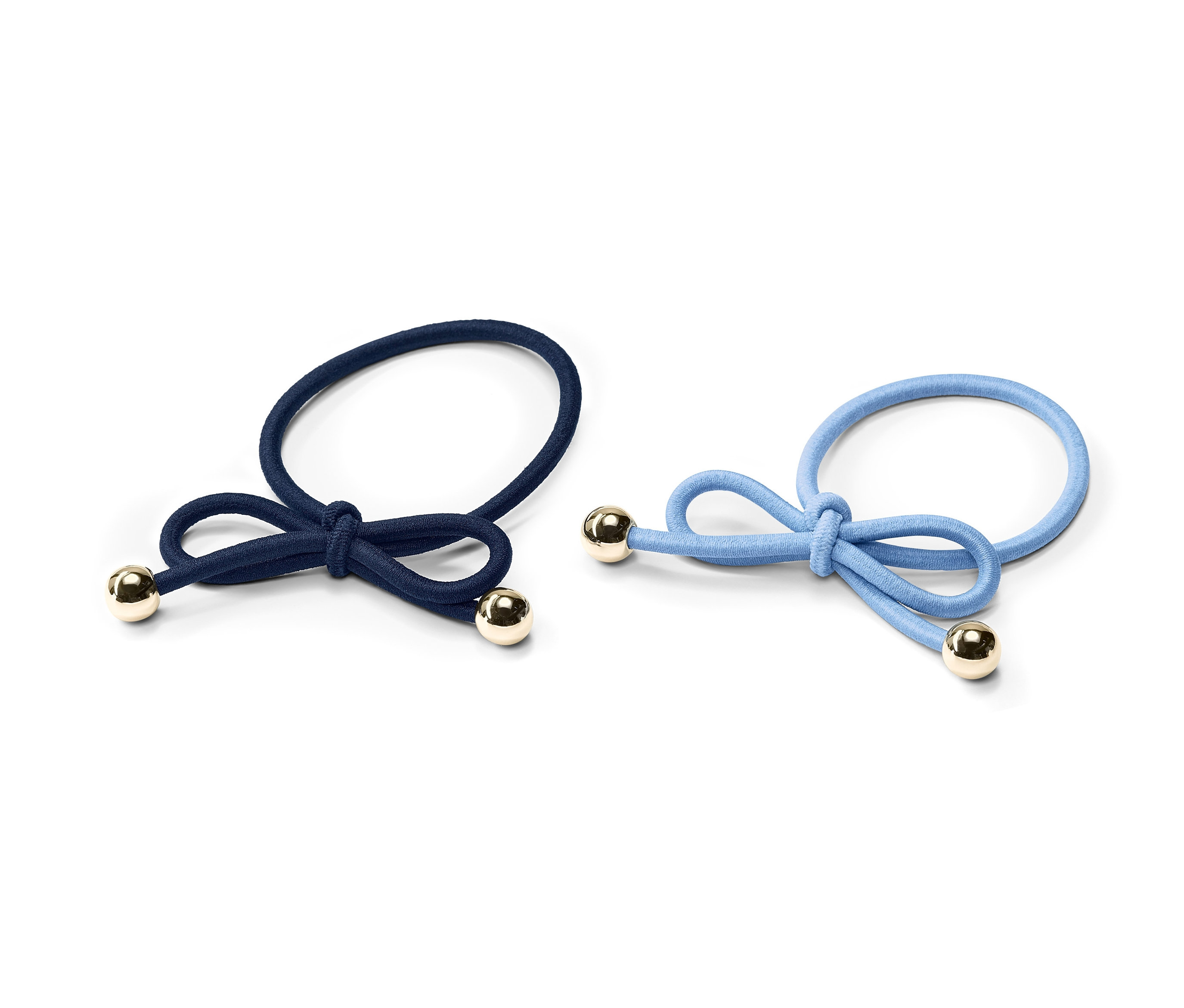 İki adet boncuklu lastik toka, biri lacivert ve diğeri açık mavi, beyaz bir arka plan üzerinde duruyor.