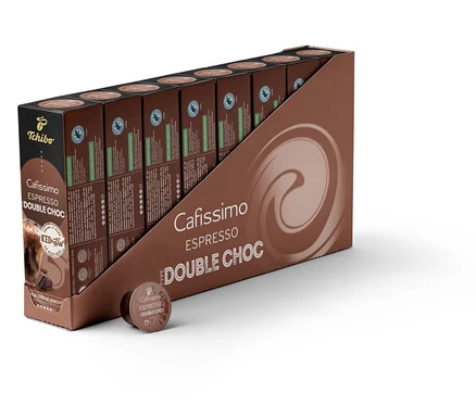 Kahverengi bir kutuda bir paket Cafissimo Flavoured Espresso – Double Choc – 80 Kapsül.