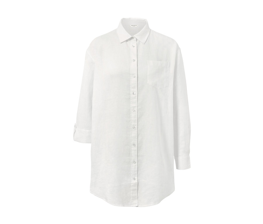 Uzun kollu ve düğmeli, beyaz, keten bluz.