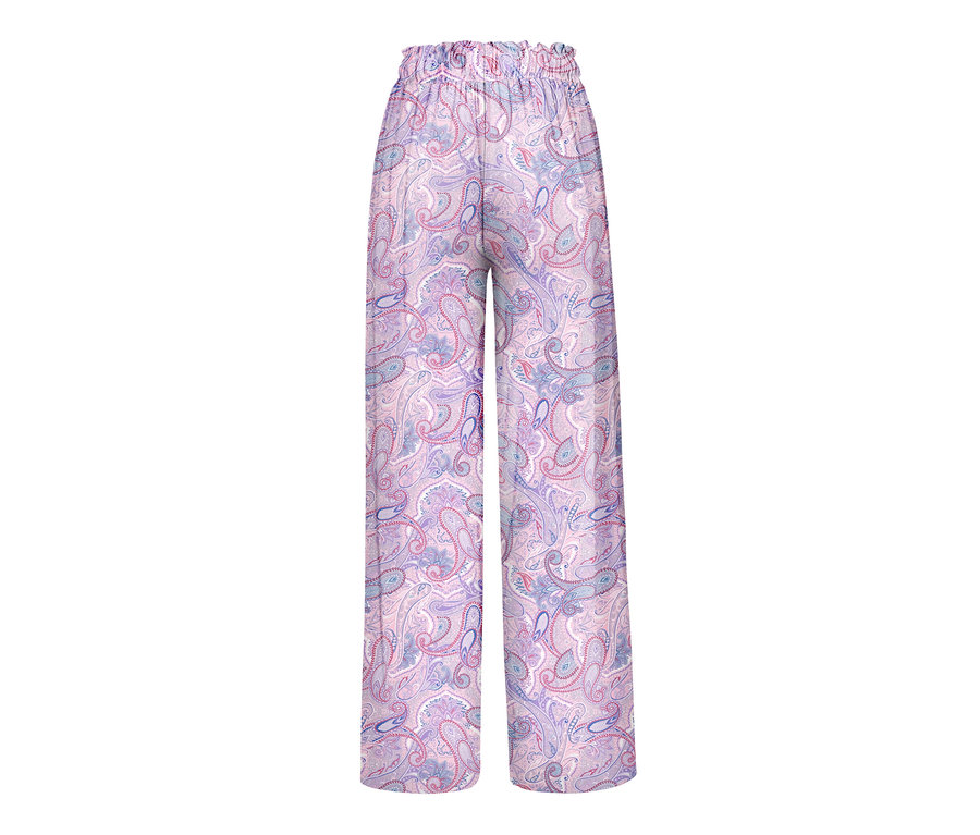Paisley desenli dokuma rahat pantalonun yakın çekimi.
