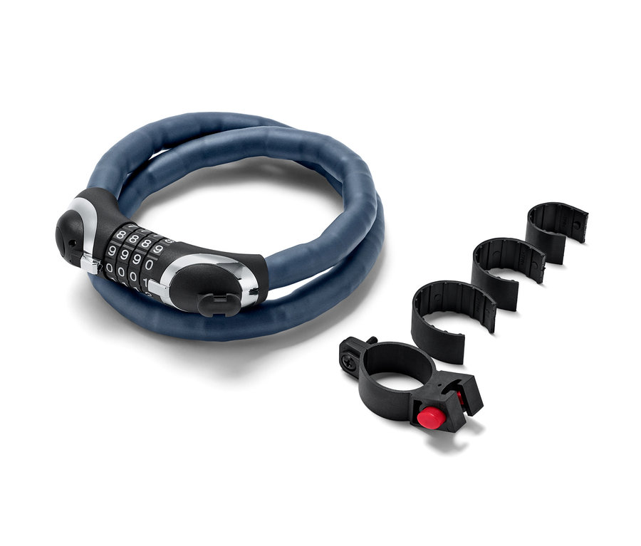 Beyaz bir arka planda bisiklet tutucularıyla birlikte mavi bir LED Zırhlı Kablo Kilit.