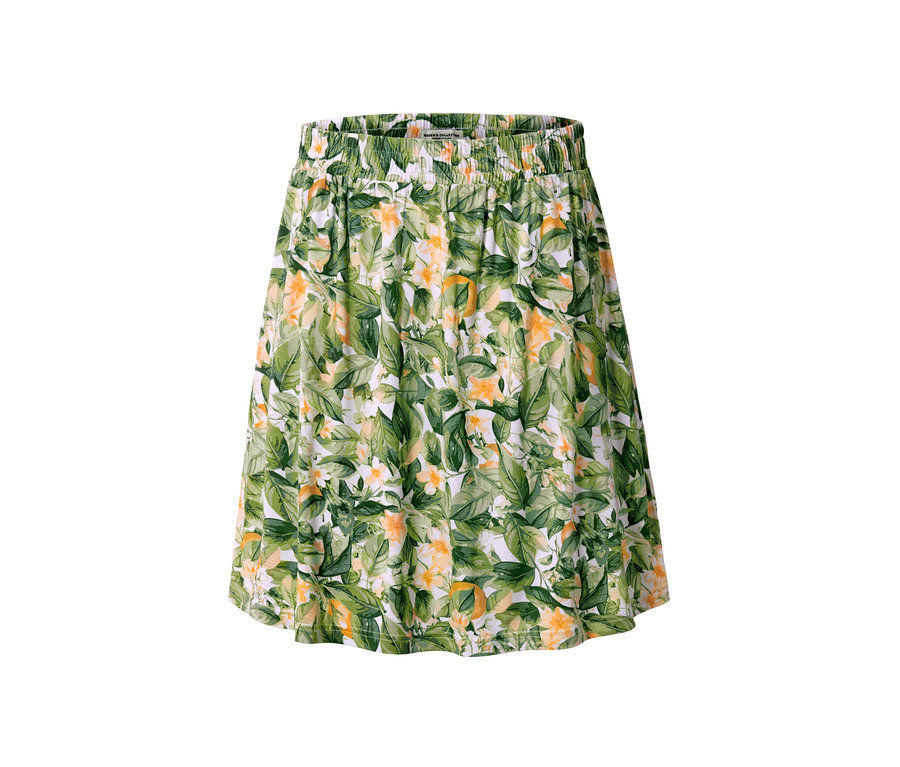 Yaprak ve çiçek desenli kadın jarse etek.