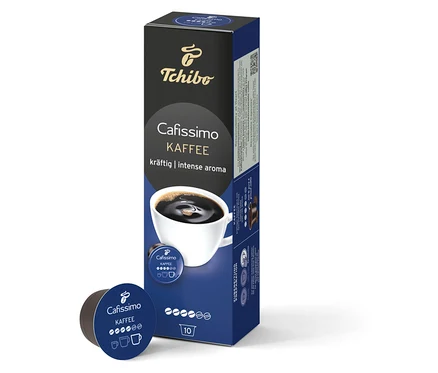 Beyaz bir arka planda bir paket Cafissimo Kahve Intense Aroma ve bir kapsül.