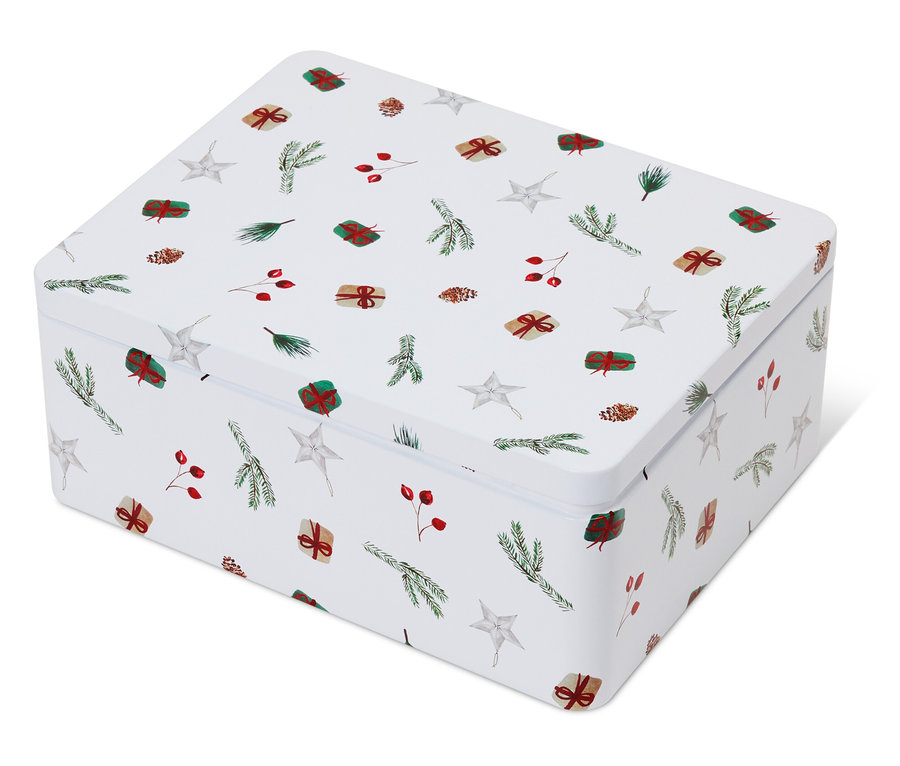 Yıldız, dal, meyve ve hediye desenli beyaz teneke kutu.