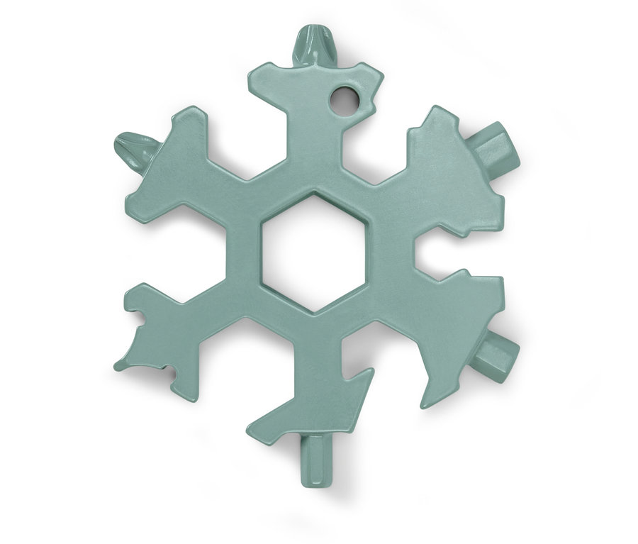 Beyaz bir arka planda kar tanesi şeklinde yeşil, çok fonksiyonlu bir anahtar. 