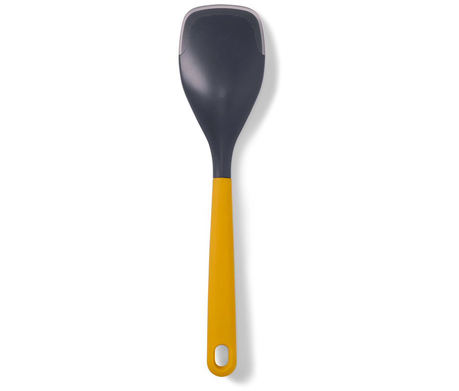 Beyaz bir arka planda sarı saplı gri kepçe.