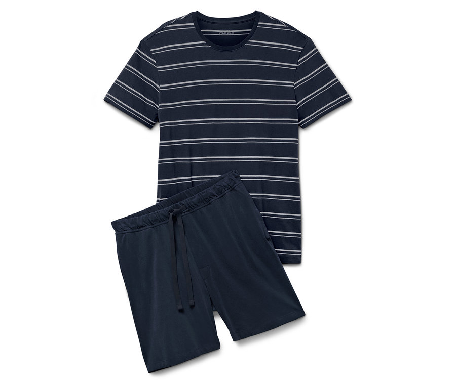 Lacivert çizgili kısa kollu pijama ve şort.