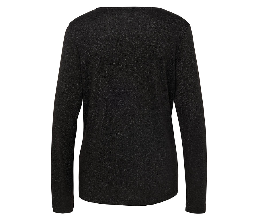 Yuvarlak yakalı, uzun kollu, siyah, parıltılı bir tişörtün arka görünümü.