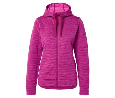 Mor renkli, tam fermuarlı kapüşonlu sweatshirt.