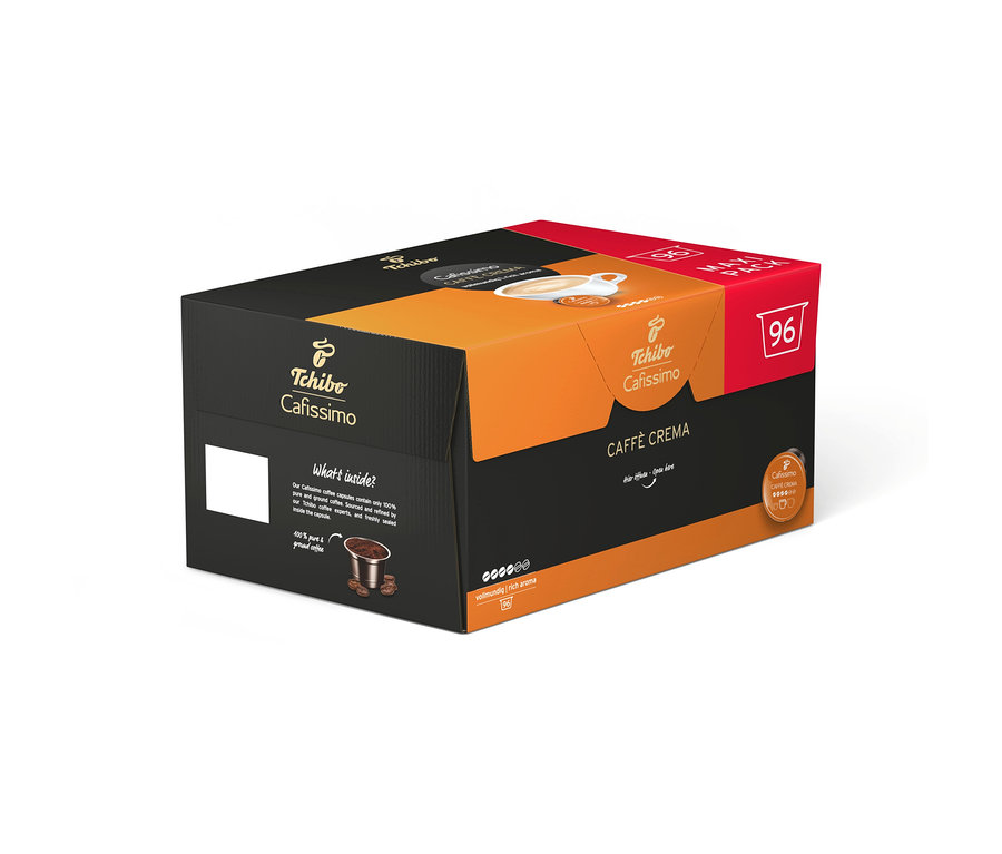 Siyah ve turuncu Tchibo Cafissimo Caffè Crema Rich Aroma kutusu, 96 adet kahve kapsülü içeriyor.