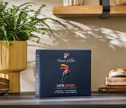 Tezgahta duran bir paket Privat Kaffee Latin Grande Öğütülmüş Filtre Kahve 2x250g kahve. Arka planda saksı bitkisi ve raflar.