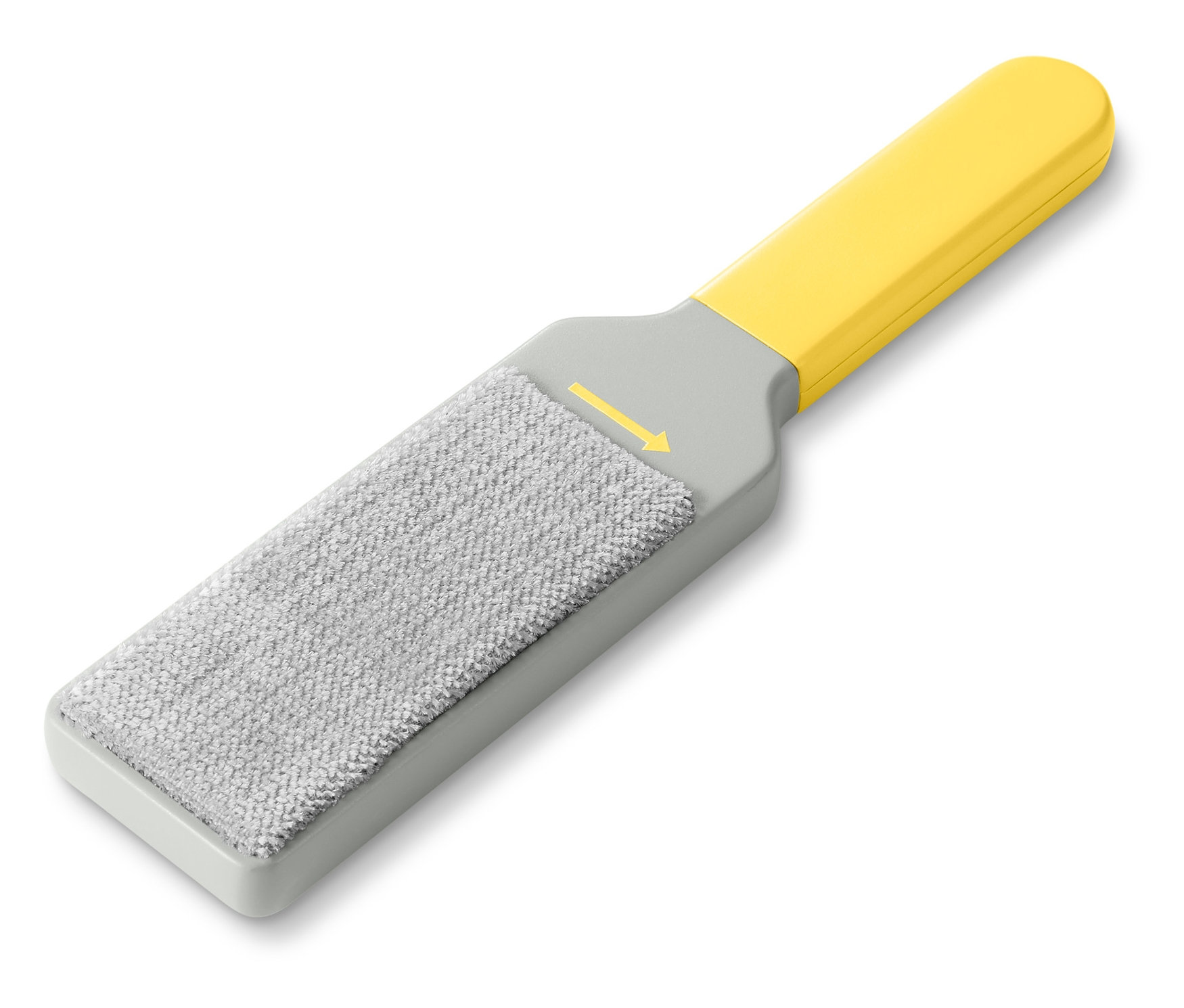 Sarı saplı ve gri temizleme yüzeyli çift taraflı elbise fırçasının yakın çekimi.