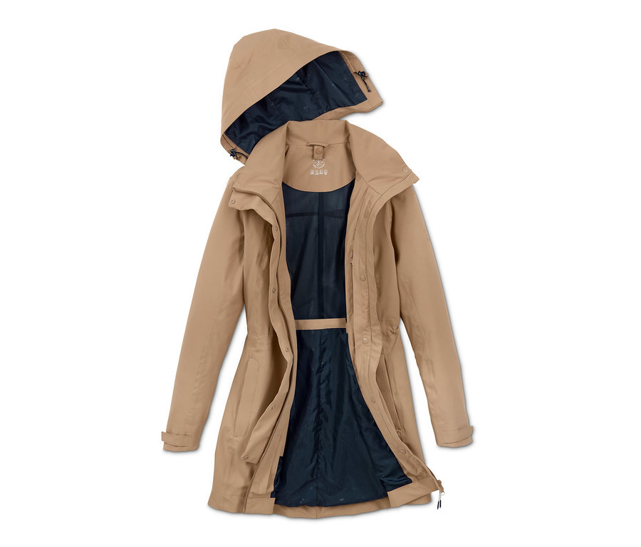 Bej rengi, çıkarılabilir kapüşonlu ve koyu mavi iç astarlı 3'ü 1 arada fonksiyonel outdoor palto.