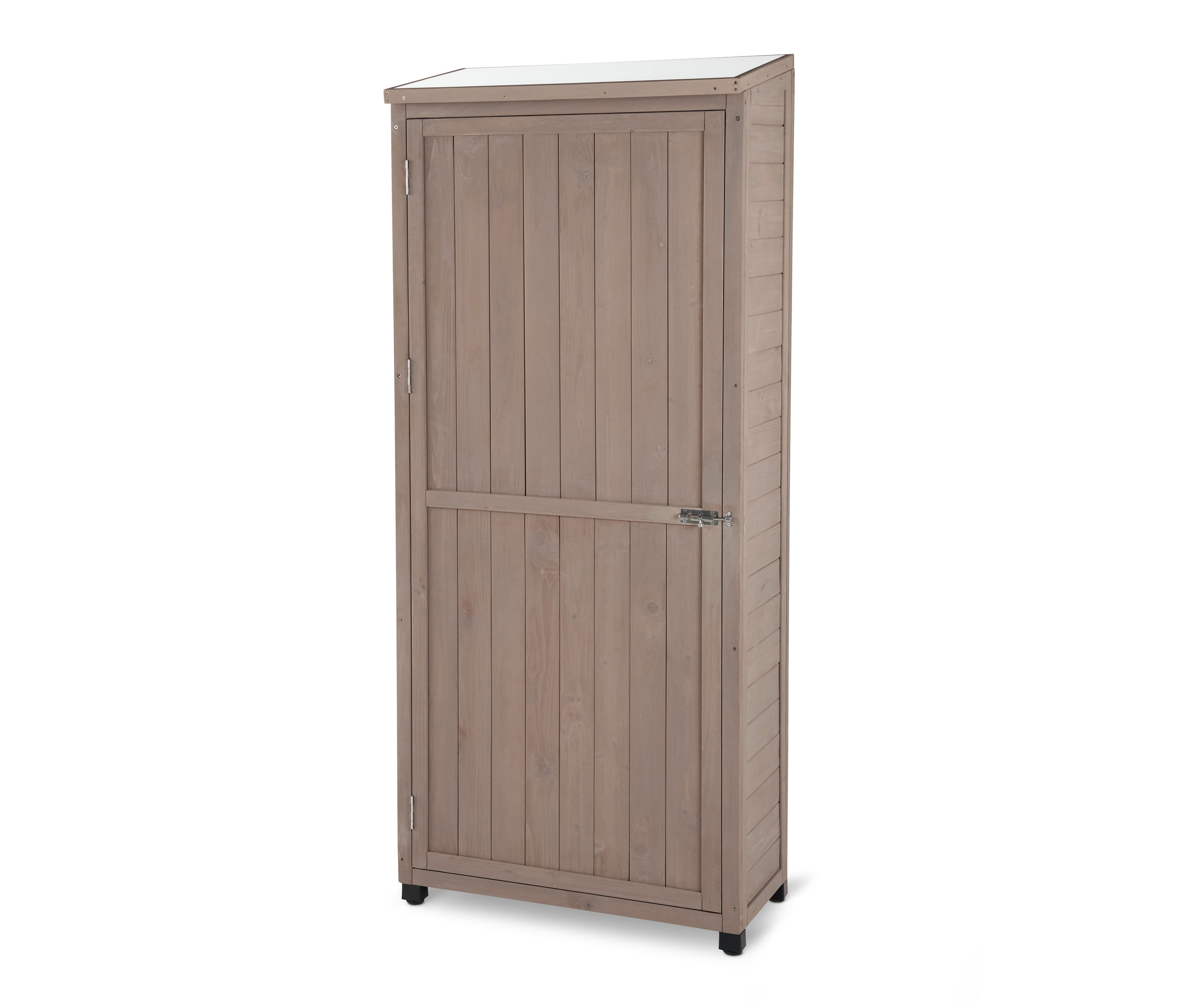 Kahverengi ahşaptan yapılmış büyük bir JONTE bahçe dolabı.