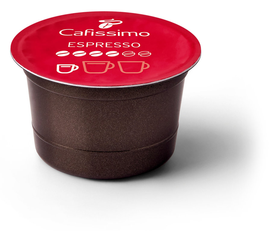 Kırmızı kapaklı tek bir Cafissimo Espresso Elegant kapsülü.