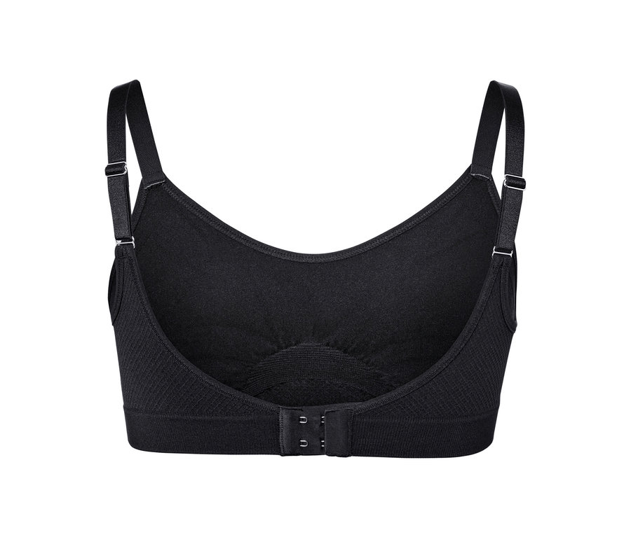 Ayarlanabilir askıları ve kancalı kapaması olan siyah, dikişsiz bir spor sütyeninin arka detay görünümü.