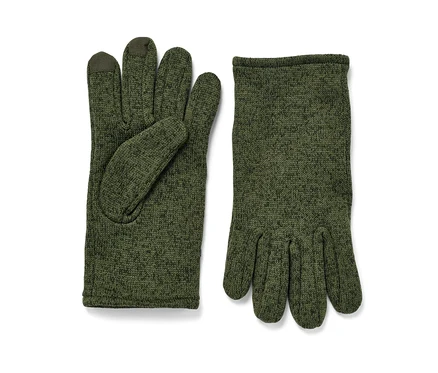 İki adet haki örgü polar eldiven, biri avuç içi yukarı bakacak şekilde, diğeri yanında duruyor.