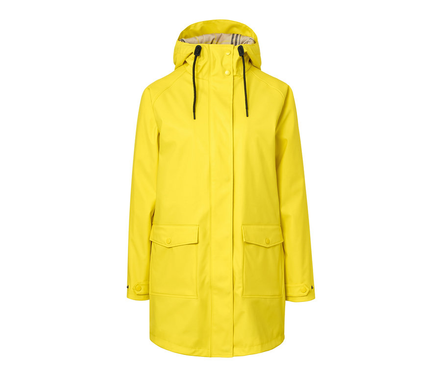 Kapüşonlu ve cepli sarı Yağmur Parkası.