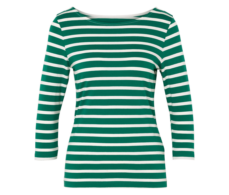 Yeşil ve beyaz çizgili, uzun kollu tişört.