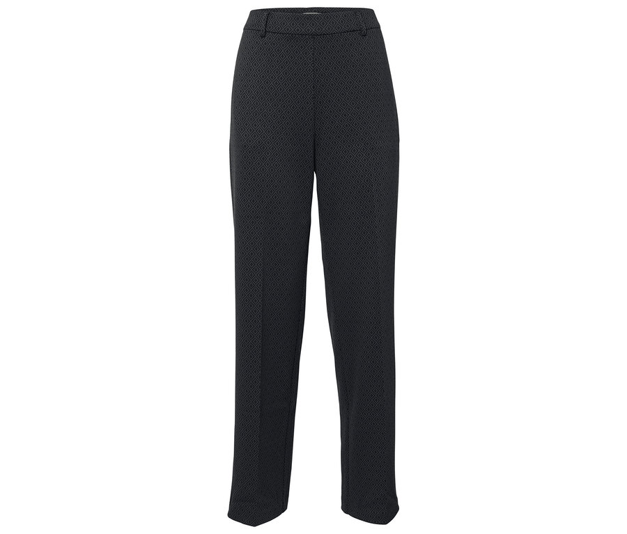Geometrik desenli siyah pantolon.
