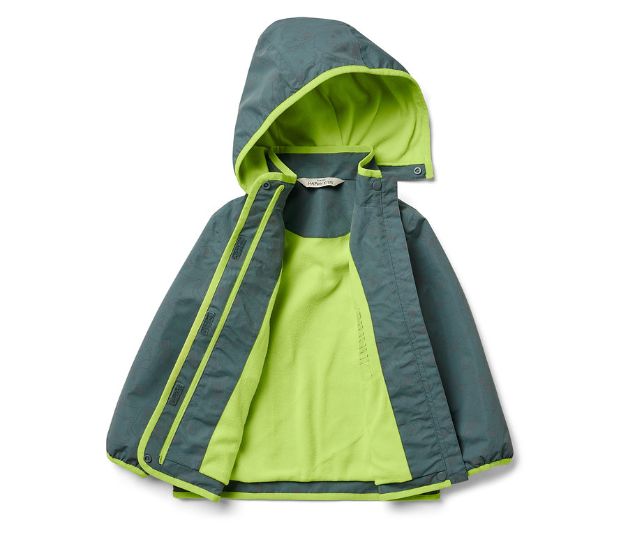 Gri desenli yeşil kapüşonlu ceket.