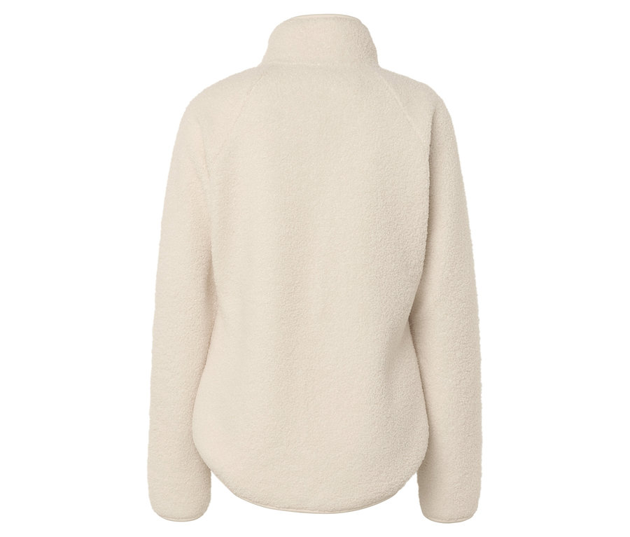 Krem rengi, fermuarlı polar bir sweatshirt'ün arka görünümü.