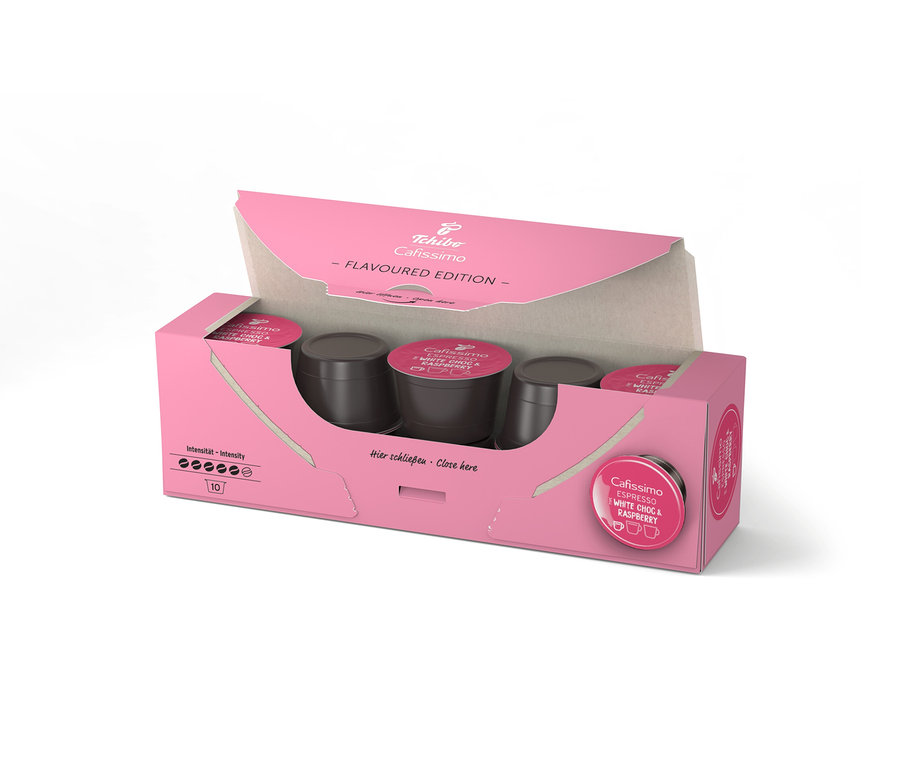 Açık pembe Cafissimo Flavoured Espresso - Beyaz Çikolata ve Ahududu paketi, içinde on kapsül var.